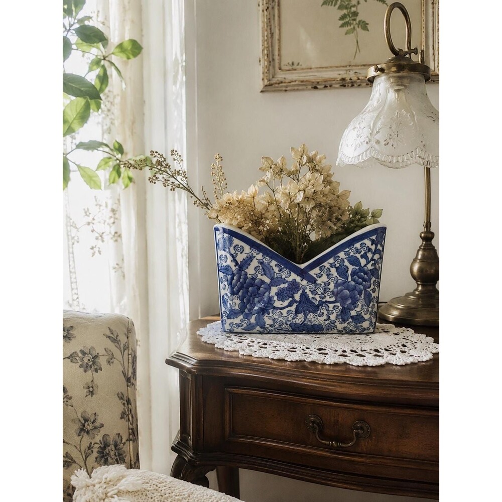 Vintage Blue White Chinoiserie Vase | Ceramic Envelope Letter Holder